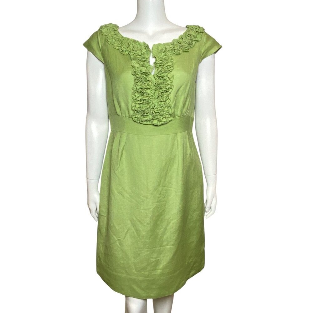 Jessica Howard Dress Size 12 Linen Blend Ruffle Neckline Green Cap Sleeves